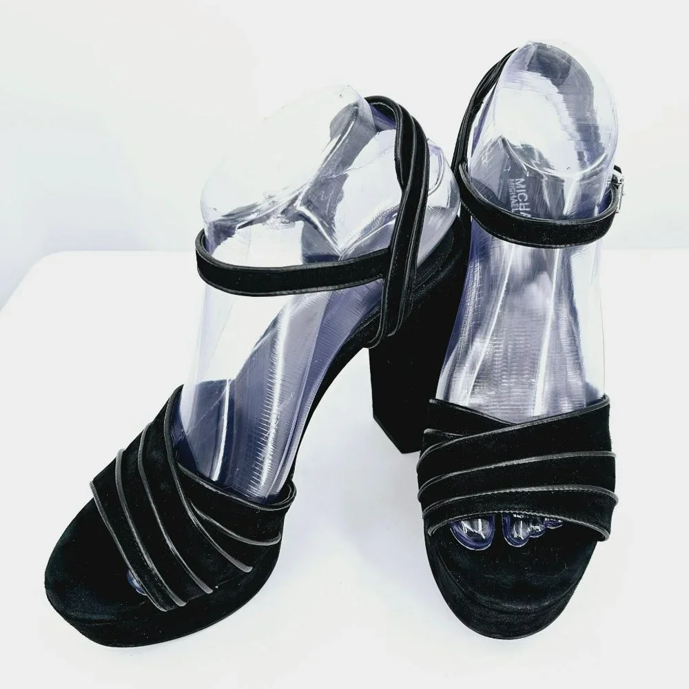 Michael Kors Platform Heels 8 M Black Suede Leather Open Toe Ankle Buckle Strap